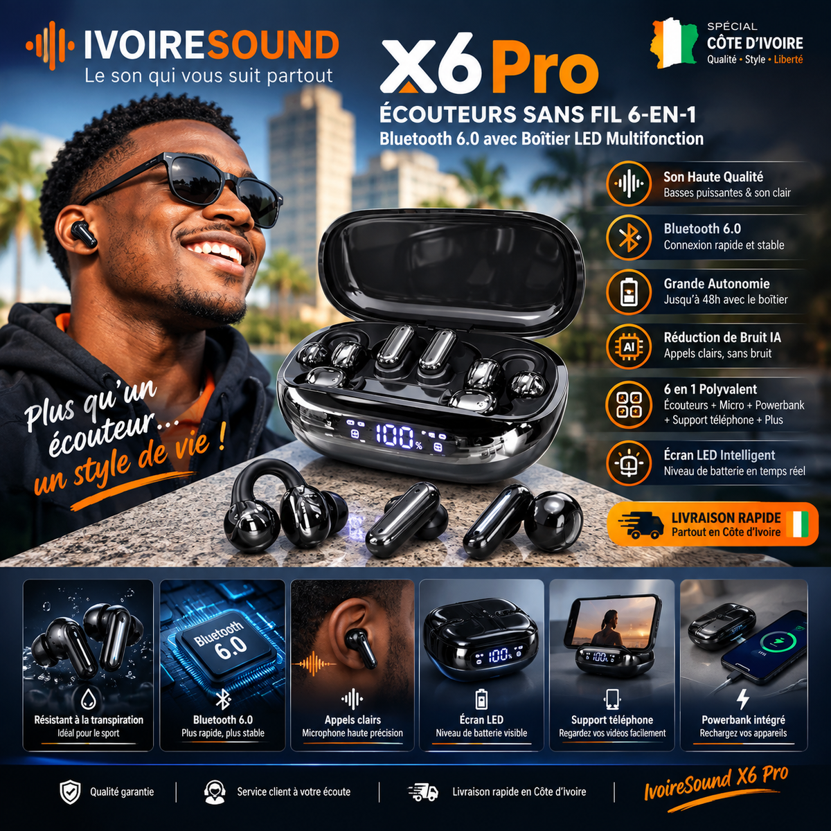 IvoireSound X6 Pro – Écouteurs Sans Fil 🎧 6-en-1💎